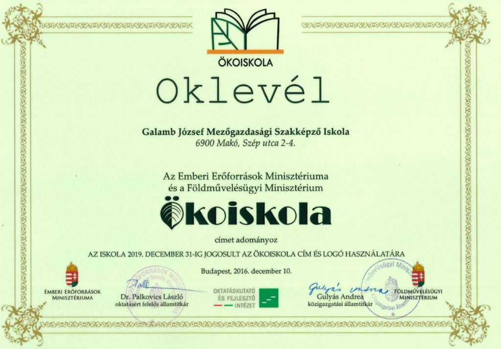 Ökoiskola oklevél